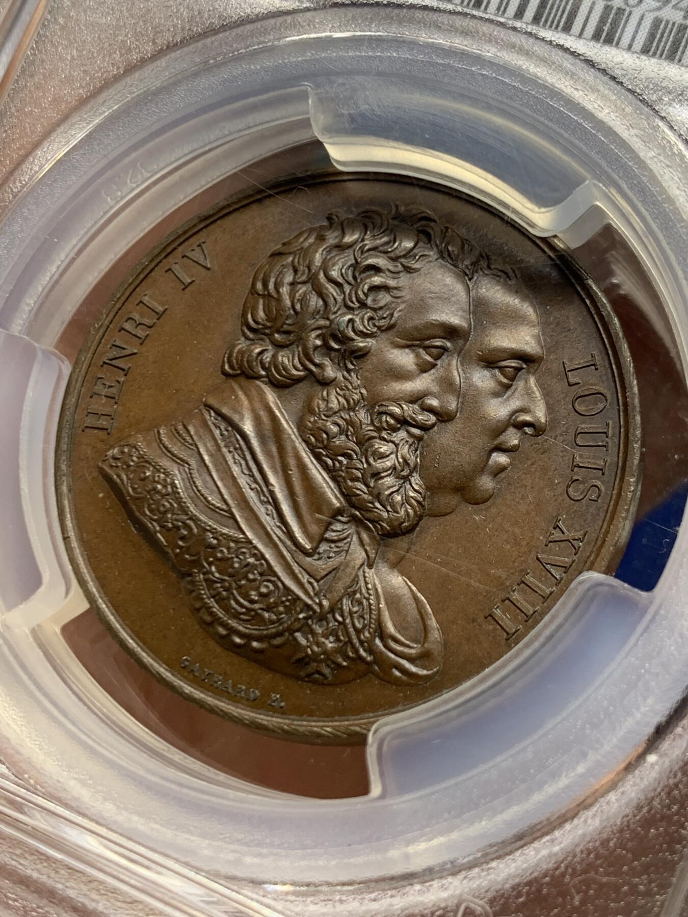《竞宝斋》第453场 周日，周一 2场连拍 （全场包邮，欢迎送拍） PCGS SP64 法国1817年亨利四世铜像修复纪念章 高浮雕 加厚盒