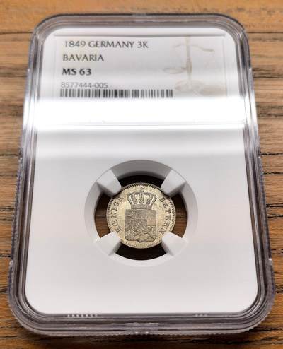 凡希社世界钱币微拍第三百十六期 - 1849德国巴伐利亚盾徽版3K银辅币NGC-MS63，N唯一最高分