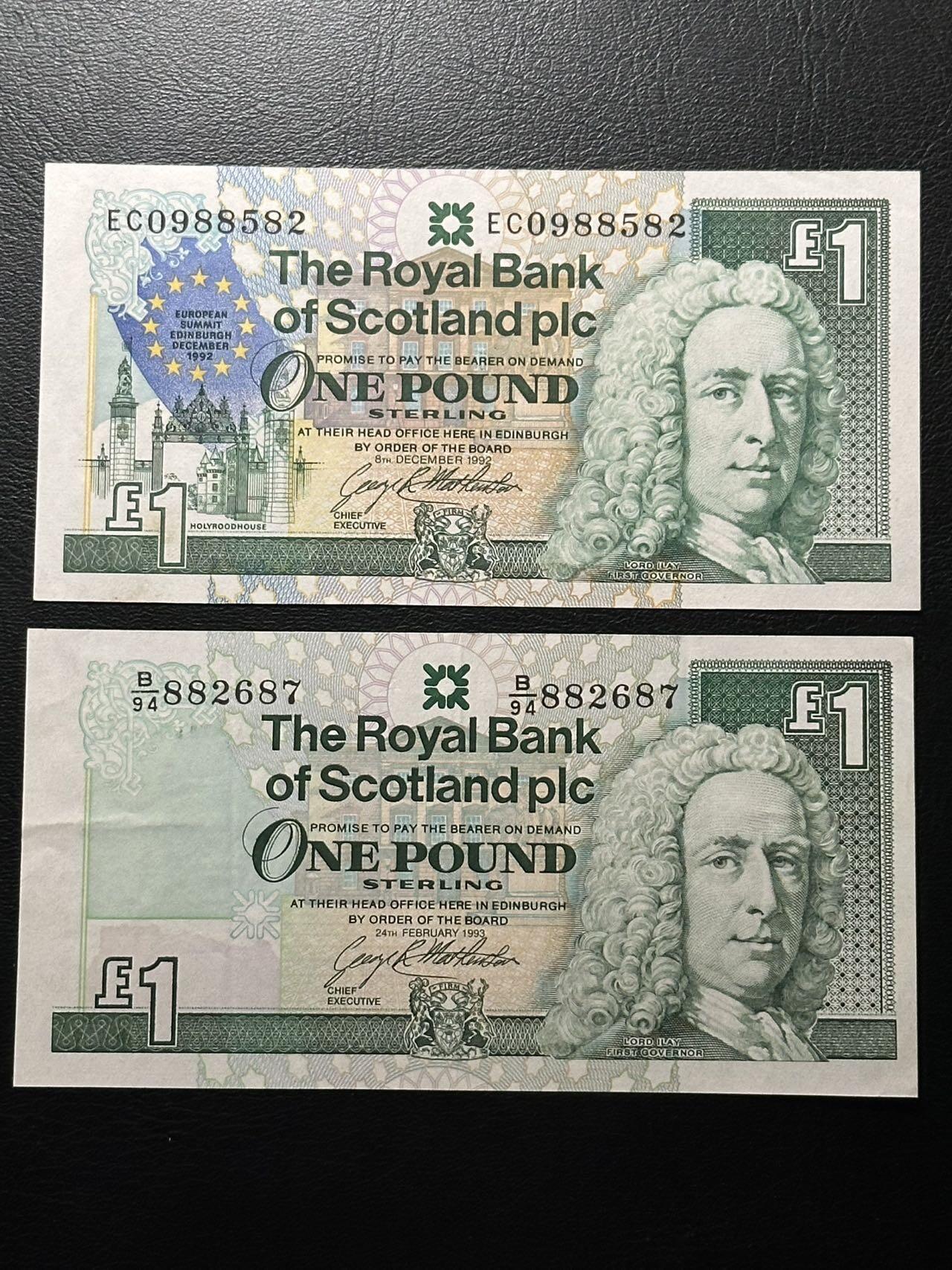 九十九场（喜迎元旦） 苏格兰纸币一组两张！其中一张为1992年苏格兰1镑纸币欧洲峰会在爱丁堡召开的纪念钞，unc-，无47！另一枚是普通版