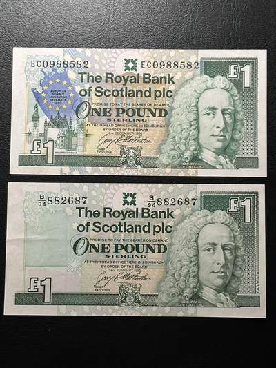 欧罗巴的秘宝—欧洲货币荟 - 苏格兰纸币一组两张！其中一张为1992年苏格兰1镑纸币欧洲峰会在爱丁堡召开的纪念钞，unc-，无47！另一枚是普通版