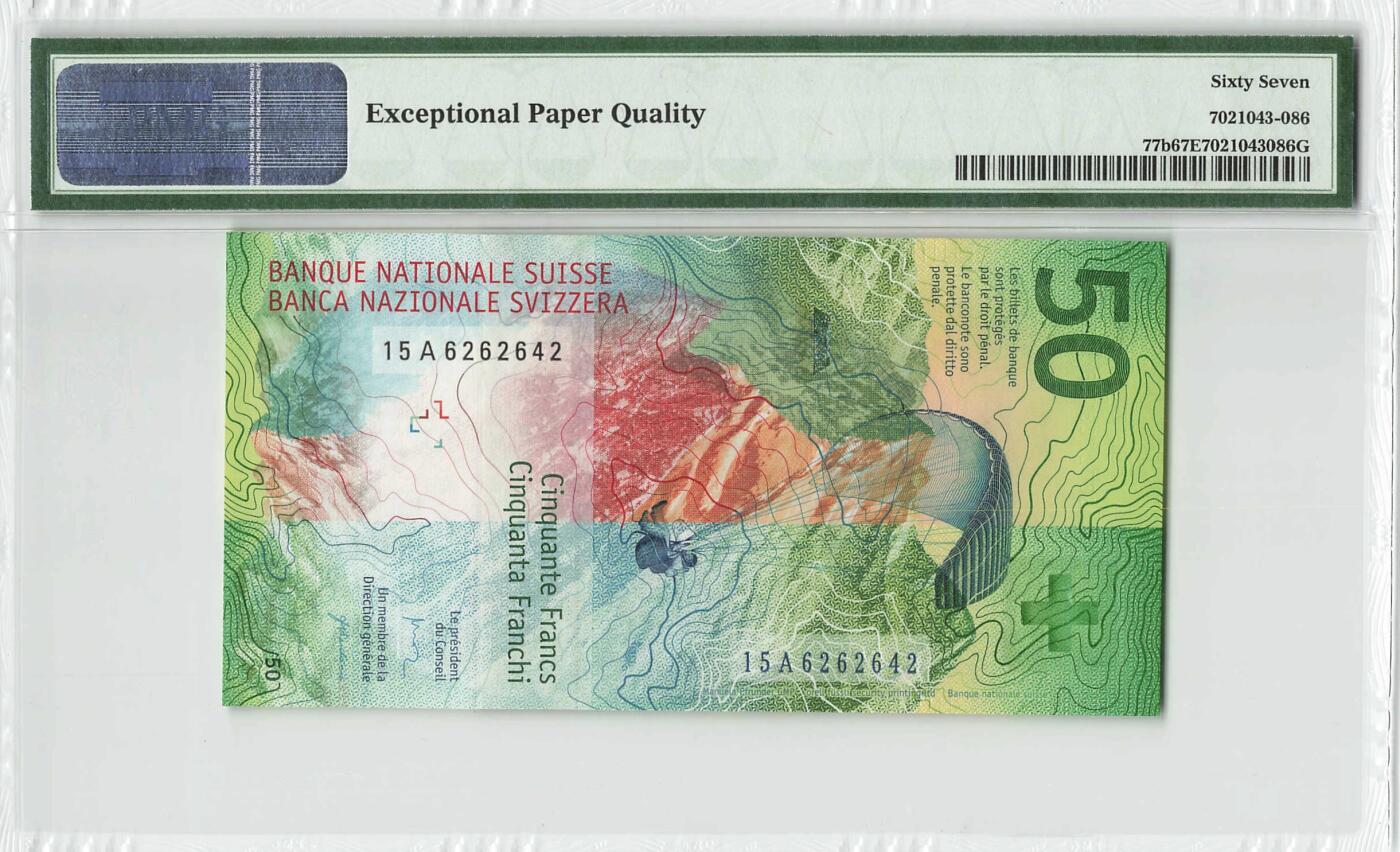 小福收藏拍卖第198期 评级币精选场  本期有菲律宾百位靓号100000比索超大纪念钞 苏里南25000盾花鸟版最高值 柬埔寨珍品56年50瑞尔 南越未发行版最高值打飞机  巴哈马彩背 老挝中国代印57年样钞 匈牙利 斯洛伐克 法罗群岛等多国精美高分珍稀老钞精品纸币 瑞士 2015年 50法郎 手版 首年份 15A冠  数3 靓号6262642 PMG67 EPQ 季军分