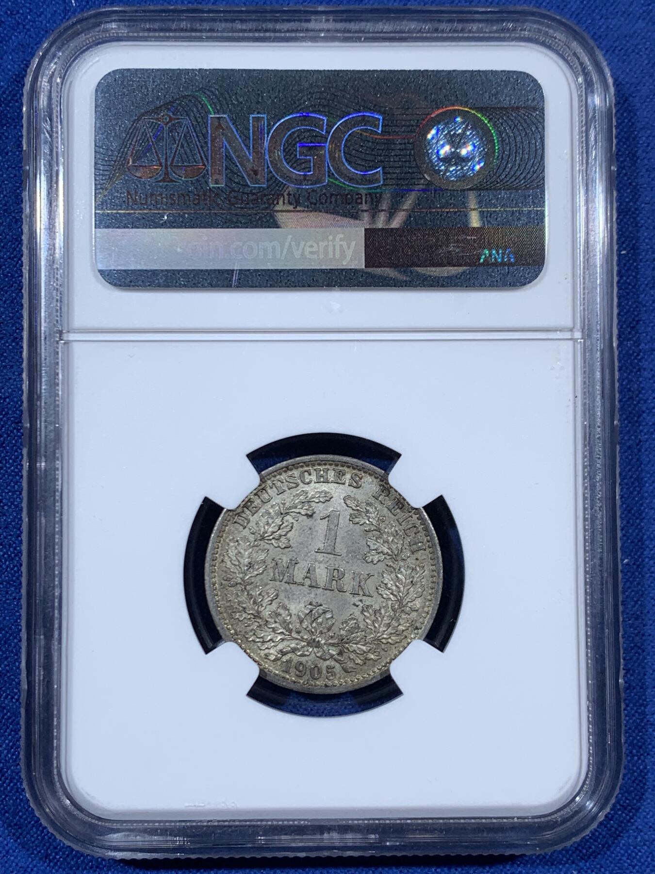 《竞宝斋》第453场 周日，周一 2场连拍 （全场包邮，欢迎送拍） NGC MS64 德国1905D一马克银币，早期少见年份，状态不错，分数合格