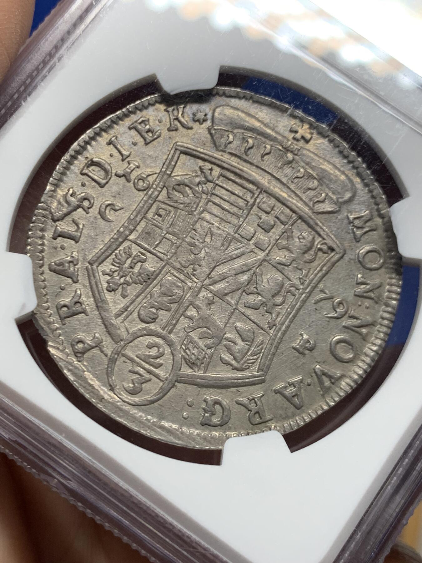 《竞宝斋》第453场 周日，周一 2场连拍 （全场包邮，欢迎送拍） NGC MS62 神圣罗马帝国1679年2/3泰勒大银币 半机制币难得的MS! 安哈尔特-采尔布斯特亲王国(俄女皇叶卡捷琳娜二世的母国) 滚压工艺细节清晰非常不容易  2/3T是流通主力大面值 更大的泰勒是极个别年份才发行的高贵面值