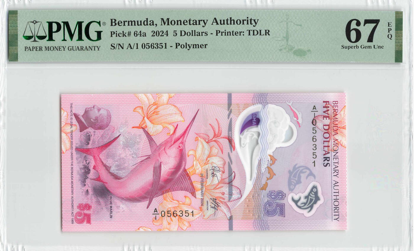 小福收藏拍卖第198期 评级币精选场  本期有菲律宾百位靓号100000比索超大纪念钞 苏里南25000盾花鸟版最高值 柬埔寨珍品56年50瑞尔 南越未发行版最高值打飞机  巴哈马彩背 老挝中国代印57年样钞 匈牙利 斯洛伐克 法罗群岛等多国精美高分珍稀老钞精品纸币 百慕大 2024年 5元 塑料钞 A/1冠 无47 PMG67 EPQ 季军分