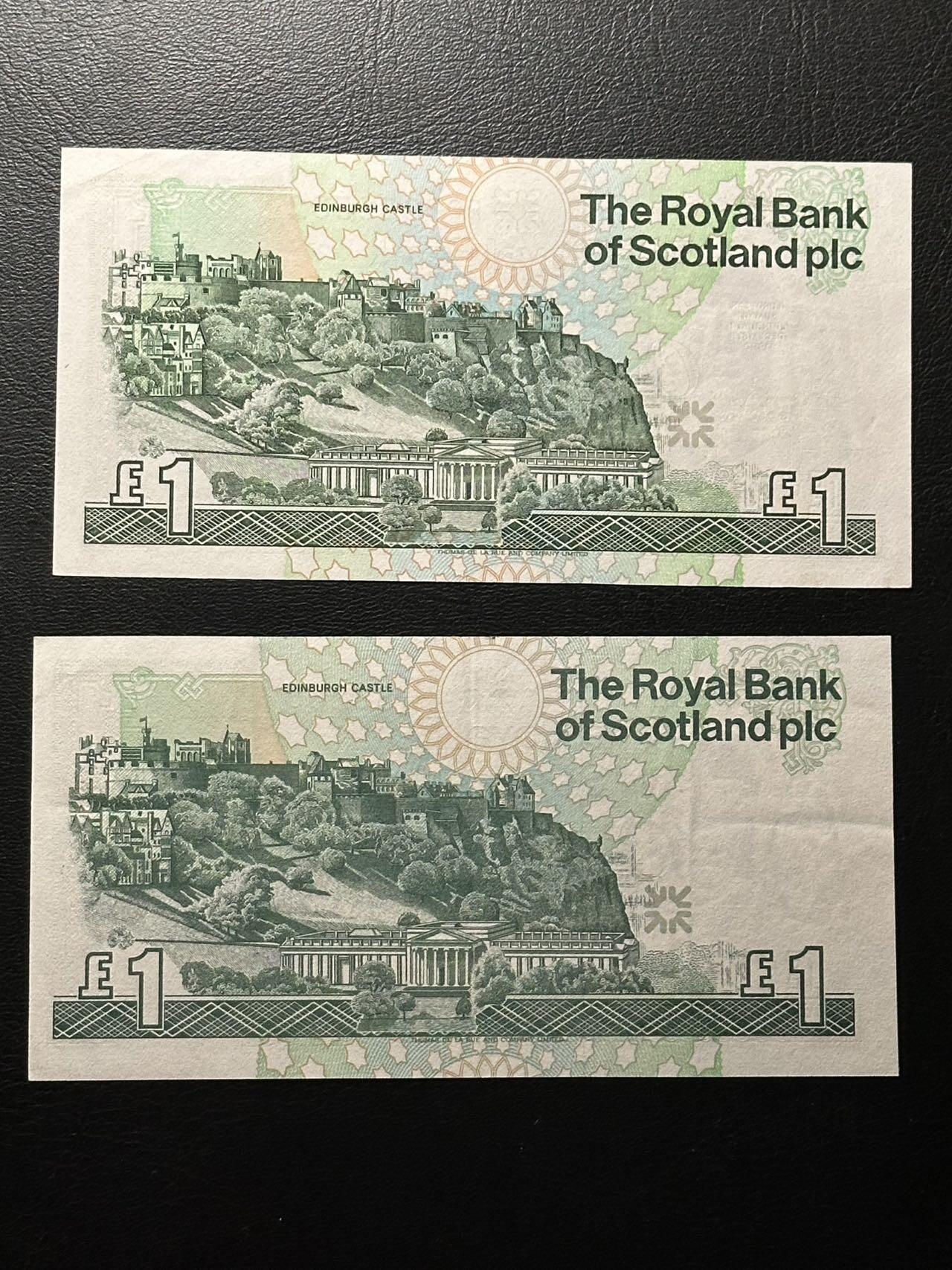 九十九场（喜迎元旦） 苏格兰纸币一组两张！其中一张为1992年苏格兰1镑纸币欧洲峰会在爱丁堡召开的纪念钞，unc-，无47！另一枚是普通版