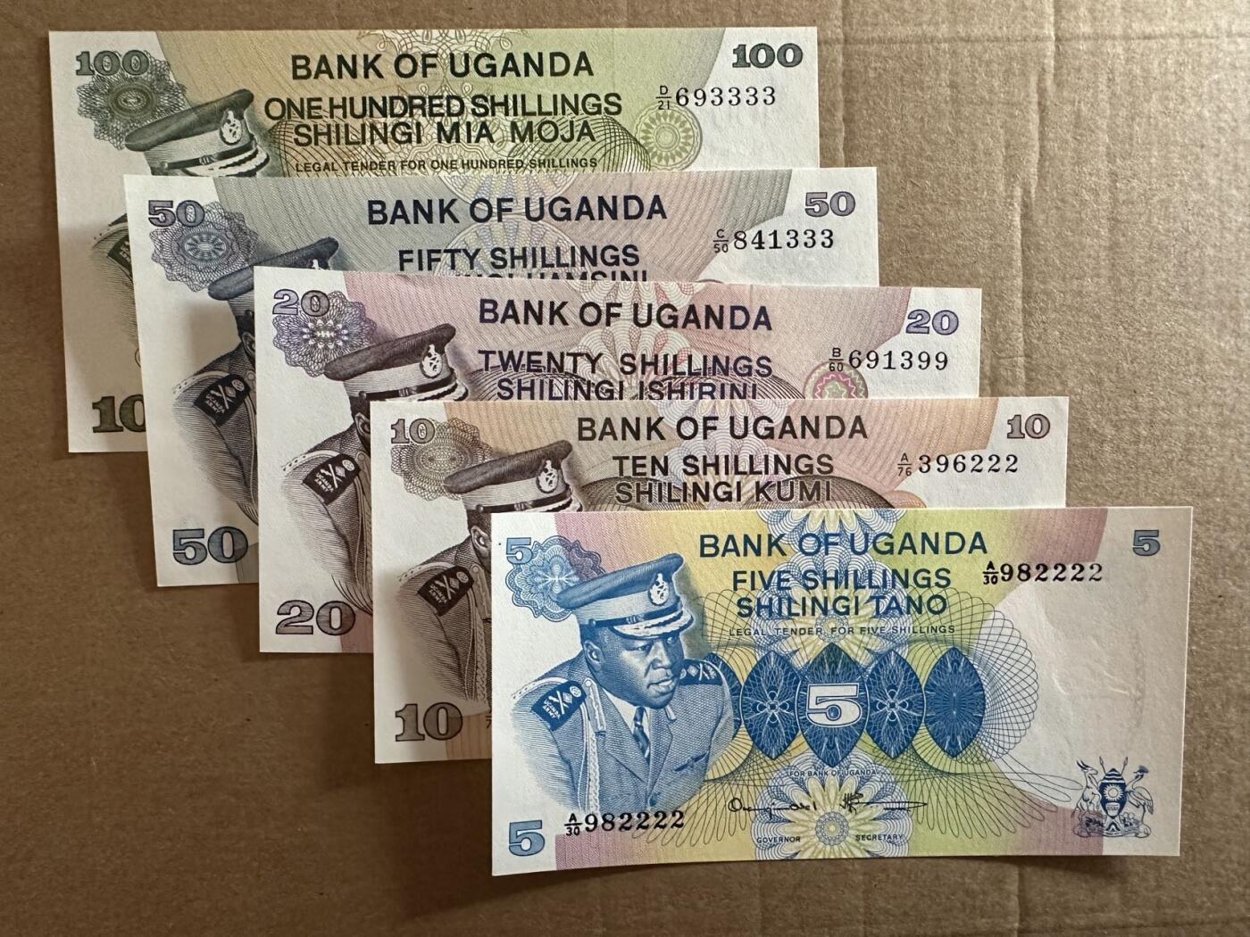 🐍甜小邱世界纸币收藏🐍第138期精品场💐 含4张狮子号+豹子号 全新UNC 乌干达 5-10-20-50-100 先令