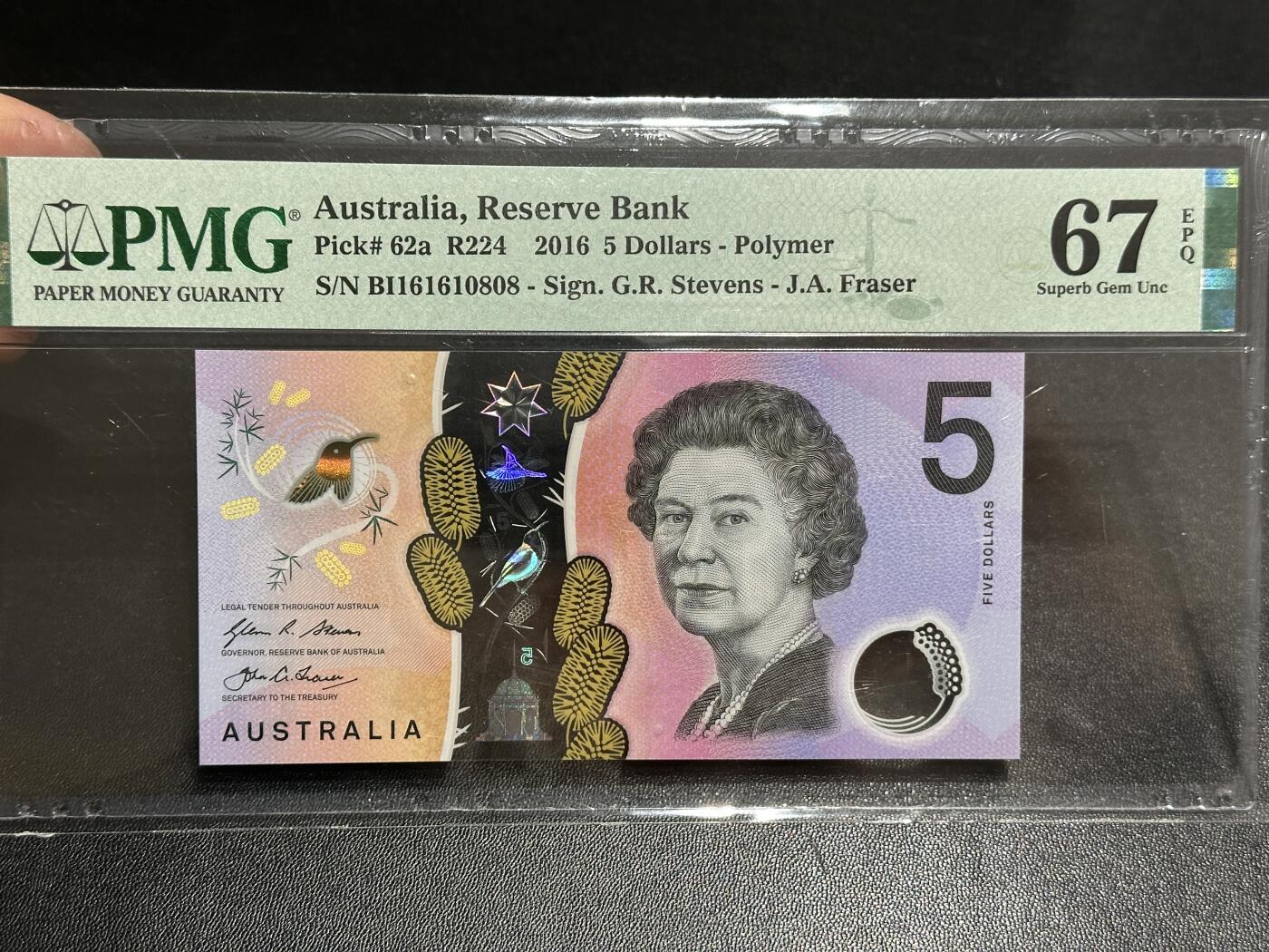 《外钞收藏家》第五百九十八期（2026年新年第一场）（本平台长期征集拍品、欢迎藏友们联系合作） 2016年澳大利亚5元 PMG67 倒置号尾808