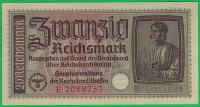 德国1940年至1945年20马克(二战时期) P-R139 无4 实物图 UNC - 德国1940年至1945年20马克(二战时期) P-R139 无4 实物图 UNC