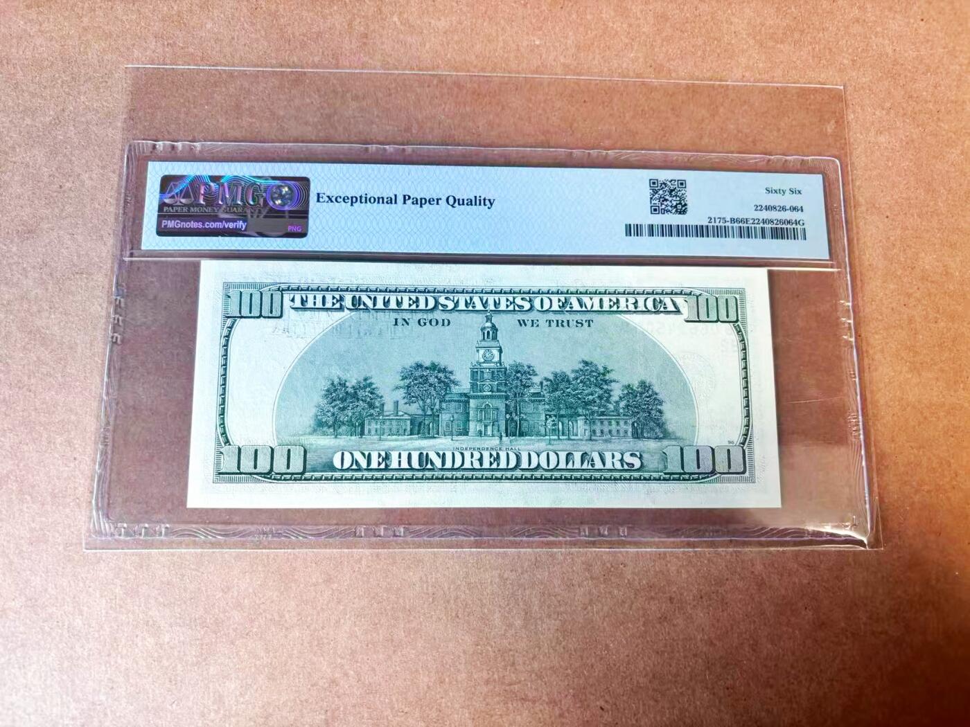 【Blue Auction】世界纸币精拍第770期——18级TOP拍卖/信誉/品质/专业/高效💫 美国 1996年100美金 PMG66EPQ