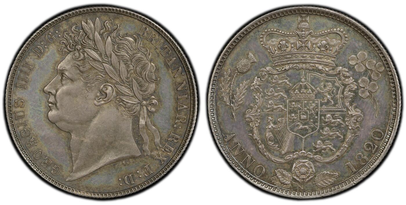 万国钱币拍卖第058期（万国新年大拍） PCGS PR64 1820英国乔治四世三花精制半克朗 极其罕见的精制版本 一颗精雕细琢的艺术品 象征英格兰的玫瑰，苏格兰的蓟草和爱尔兰的三叶草三位一体的围绕在汉诺威王朝的盾徽周围 将乔治四世时期的装饰艺术体现的淋漓尽致 在精制工艺的加持下更显华丽 双面英式乌云五彩镜面底板 顶级典藏品质