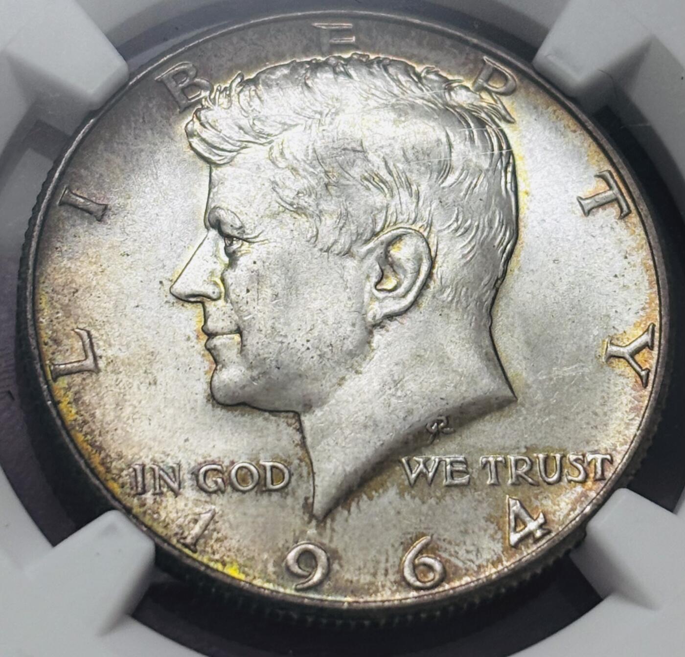 文馨钱币收藏 迎新纳福2026新年第一场（第 287 场）金银老铜币拍卖 NGC 评级 MS64 分美国 1964 年肯尼迪半美元银币，高银版，金光五彩斑斓，双面金黄边，视觉拉满