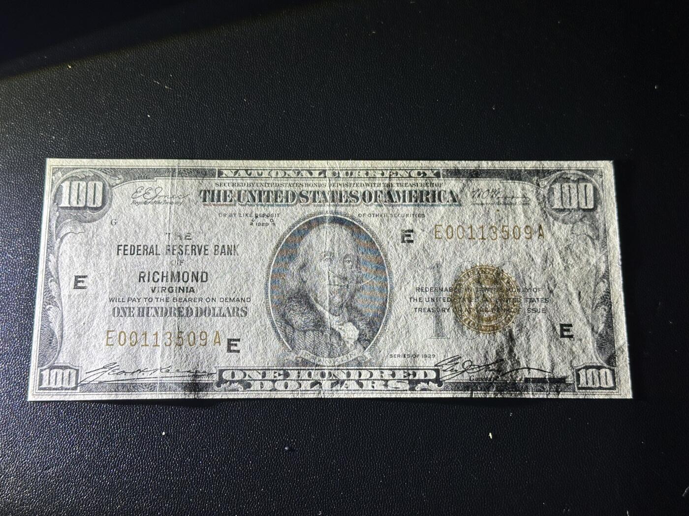 《外钞收藏家》第五百九十八期（2026年新年第一场）（本平台长期征集拍品、欢迎藏友们联系合作） 1929年美国国民银行券100元  橙色库印 非全新 品相如图 无47