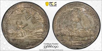 万国钱币拍卖第058期（万国新年大拍） - PCGS MS62+ 1681年德国勃兰登堡选公国普鲁士公爵弗里德里希·威廉大选王向马格德堡致敬纪念章型泰勒 帝国鹰手持权杖和聚宝盆献给马格德堡城市女神 马格德堡城市景观无比精细 全深打双面五彩 超罕见帝国早期景观品种典藏品质 PC唯一冠军分