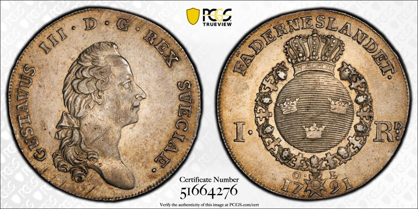 万国钱币拍卖第058期（万国新年大拍） PCGS AU50 1791年瑞典王国古斯塔夫三世1RD大银 背面年份上OL为斯德哥尔摩铸币局局长Olof Lidijn签名 早期北欧王国原味好状态 PC亚军分更高仅一枚 Richard August名家旧藏
