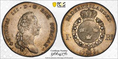 万国钱币拍卖第058期（万国新年大拍） - PCGS AU50 1791年瑞典王国古斯塔夫三世1RD大银 背面年份上OL为斯德哥尔摩铸币局局长Olof Lidijn签名 早期北欧王国原味好状态 PC亚军分更高仅一枚 Richard August名家旧藏