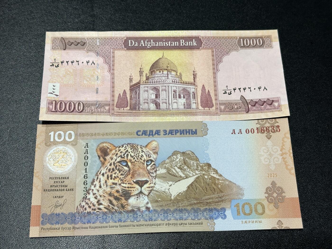 《外钞收藏家》第五百九十八期（2026年新年第一场）（本平台长期征集拍品、欢迎藏友们联系合作） 阿富汗1000+南奥塞梯100（AA无47靓号） 2张一起  全新UNC