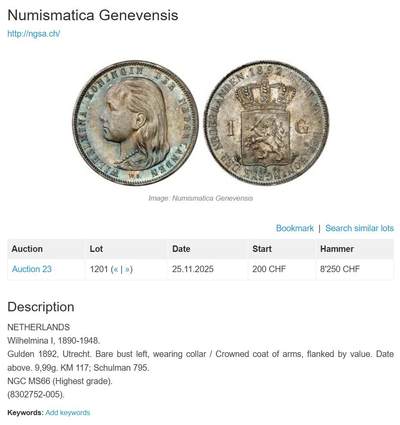 万国钱币拍卖第058期（万国新年大拍） PCGS MS64+ 1892年荷兰威廉明娜女王少女头像一盾银币 人见人爱的小萝莉。车轮霜光，打制极佳。底板类镜面质感，优异状态无愧一个加号，BU级别越来越难碰到了。瑞士拍卖NGSA刚拍的一枚66分到手约合RMB九万元。大热门品种，潜力十足，自藏级佳品。