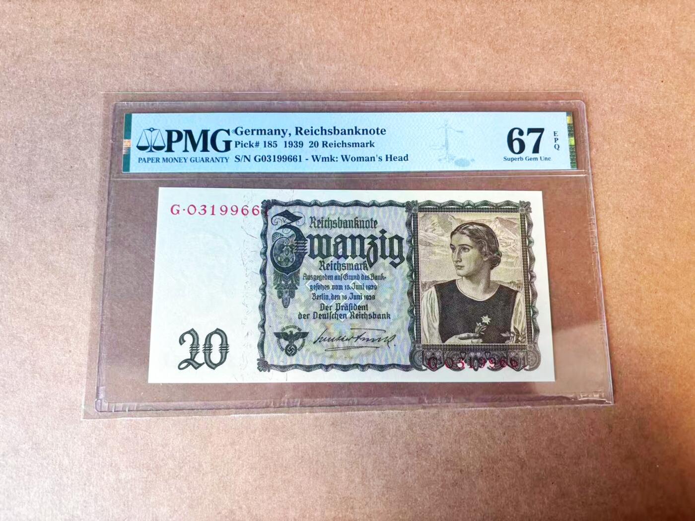 【Blue Auction】世界纸币精拍第770期——18级TOP拍卖/信誉/品质/专业/高效💫 【无47】德国 1939年20马克 PMG67EPQ  