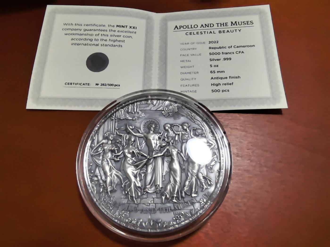 长老汇蛇年精选第九十场拍卖 2022喀麦隆国色天香系列之阿波罗与缪斯5000法郎仿古高浮雕银币，5盎司999银，盒证全，500枚