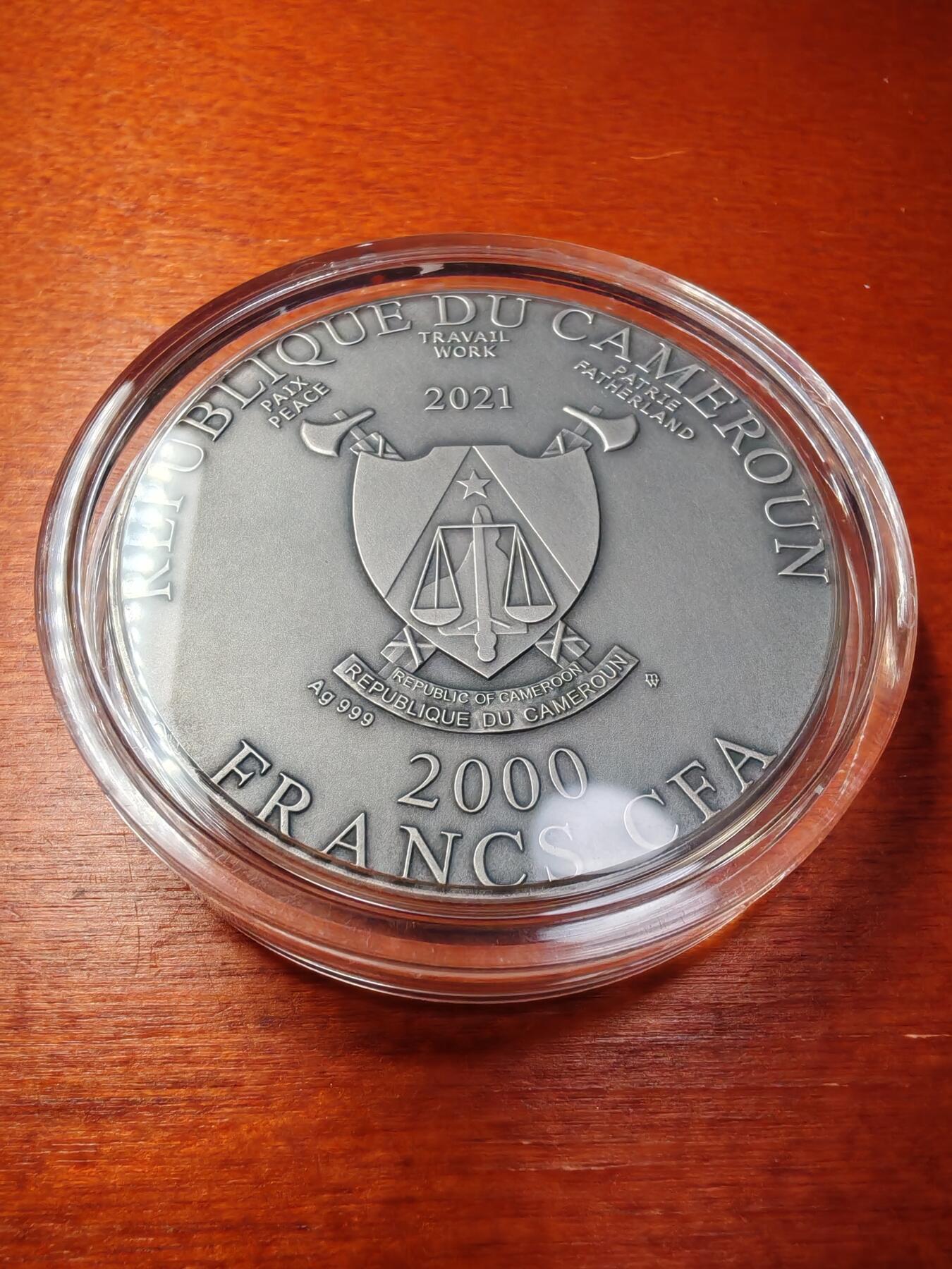 长老汇蛇年精选第九十场拍卖 2021喀麦隆海神波塞冬的坐骑海马2000法郎仿古高浮雕部分镀金银币，龙头币，2盎司999银，500枚，盒证全，原价2200