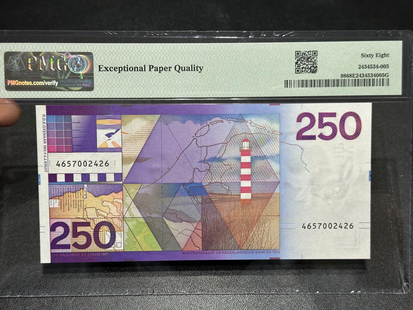 《外钞收藏家》第五百九十八期（2026年新年第一场）（本平台长期征集拍品、欢迎藏友们联系合作） 1985年荷兰250盾 灯塔  PMG68高分