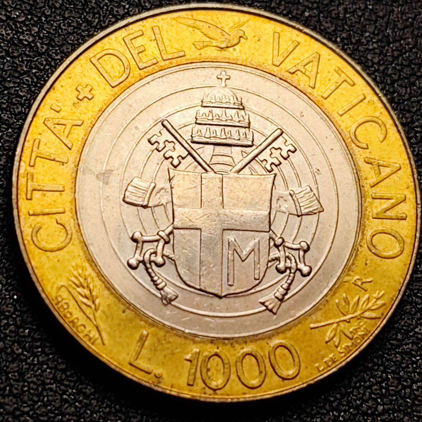 泉币菌-第158场-元旦欢乐场，开年第一场，新年快乐！（特修改截拍时间为23:30分） 稀少原光极美 梵蒂冈1997年 保罗二世1000里拉双金属币 梵蒂冈国徽 27.1×2.1mm