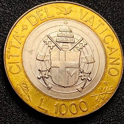 泉币菌-第158场-元旦欢乐场，开年第一场，新年快乐！（特修改截拍时间为23:30分） - 稀少原光极美 梵蒂冈1997年 保罗二世1000里拉双金属币 梵蒂冈国徽 27.1×2.1mm