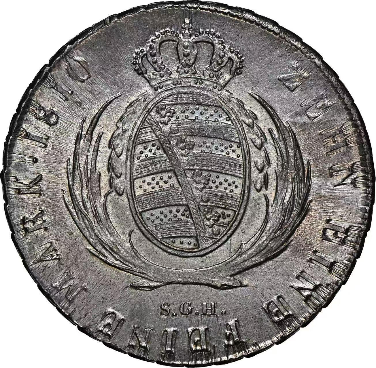 万国钱币拍卖第058期（万国新年大拍） NGC MS65 1810年德国萨克森奥古斯特皇冠大泰勒 经历200余年时光洗礼的BU级别大泰勒 NGC唯一冠军足以证明其难度 底板机铸纹清晰可见 原味青金色转光底板 一步到位的顶级收藏品质