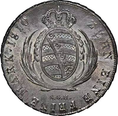 万国钱币拍卖第058期（万国新年大拍） NGC MS65 1810年德国萨克森奥古斯特皇冠大泰勒 经历200余年时光洗礼的BU级别大泰勒 NGC唯一冠军足以证明其难度 底板机铸纹清晰可见 原味青金色转光底板 一步到位的顶级收藏品质