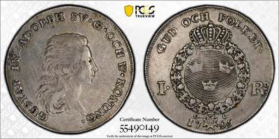 万国钱币拍卖第058期（万国新年大拍） - PCGS AU50 1795年瑞典王国古斯塔夫四世阿道夫1RD大银 背面年份上OL为斯德哥尔摩铸币局局长Olof Lidijn签名 早期北欧王国大银难得 PC亚军分更高仅一枚 Richard August名家旧藏