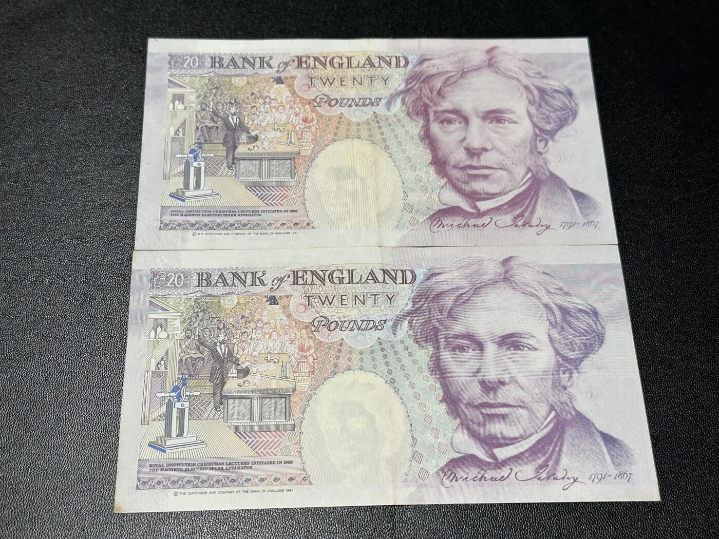 《外钞收藏家》第五百九十八期（2026年新年第一场）（本平台长期征集拍品、欢迎藏友们联系合作） 英国E序列20镑 2张一起 非全新 品相如图