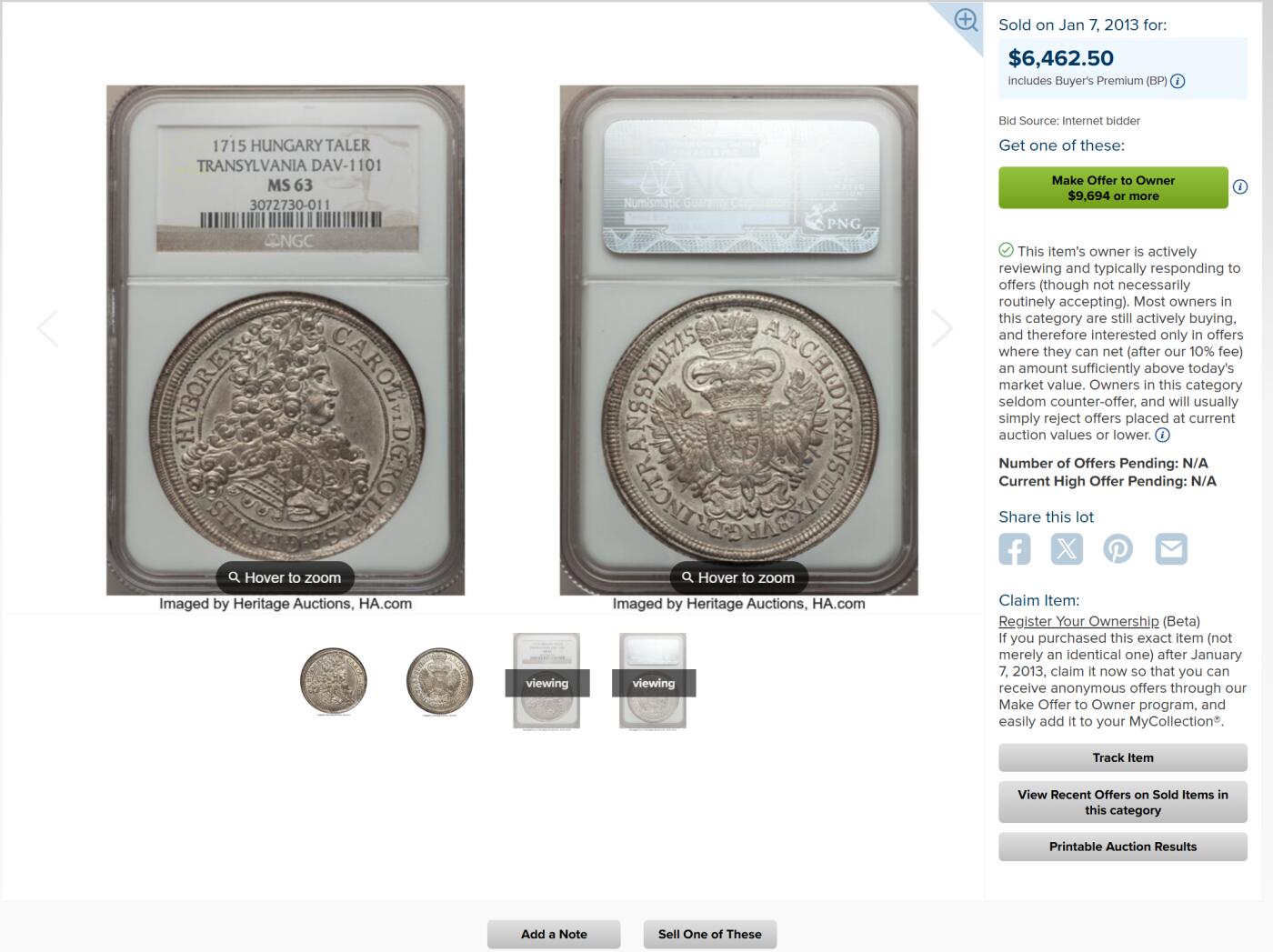 万国钱币拍卖第058期（万国新年大拍） NGC MS62 1715/12年神圣罗马帝国匈牙利卡尔六世双头鹰大泰勒 罕见骑字年份 NGC唯一评论记录冠军分 特兰西瓦尼亚造币厂铸 极为罕见的珍惜神罗泰勒品种 卡尔六世半身像设计仅使用2年 充满光泽的欧陆油彩包浆在币面闪闪发光 双面深打细节完整保留 十几年前HA非骑字年份63分的成交价就超过6000美金 错过难寻的顶级收藏品质