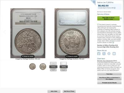 万国钱币拍卖第058期（万国新年大拍） NGC MS62 1715/12年神圣罗马帝国匈牙利卡尔六世双头鹰大泰勒 罕见骑字年份 NGC唯一评论记录冠军分 特兰西瓦尼亚造币厂铸 极为罕见的珍惜神罗泰勒品种 卡尔六世半身像设计仅使用2年 充满光泽的欧陆油彩包浆在币面闪闪发光 双面深打细节完整保留 十几年前HA非骑字年份63分的成交价就超过6000美金 错过难寻的顶级收藏品质