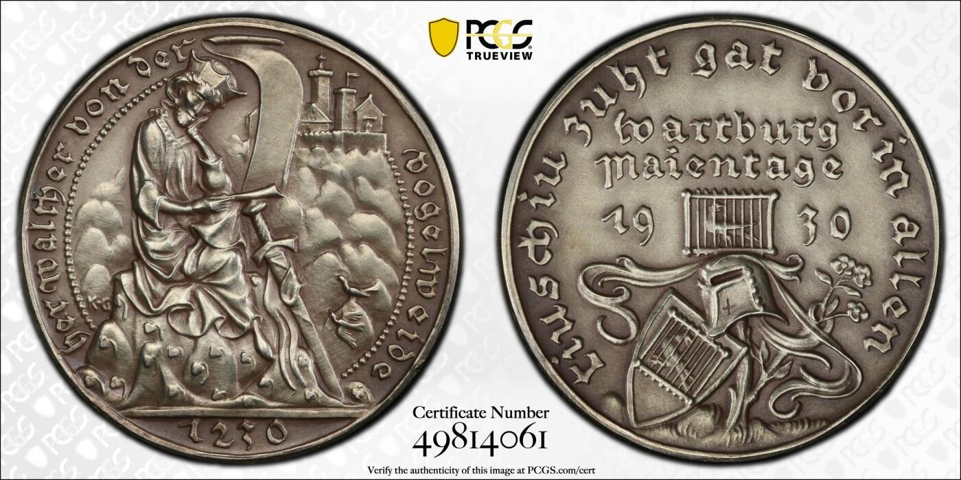 万国钱币拍卖第058期（万国新年大拍） PCGS SP65 1930年德国尔特·冯·德·沃格尔维德逝世700周年纪念银章 卡尔·哥茨名作 在约翰·沃尔夫冈·冯·歌德出现之前 冯·德·沃格尔维德是12-13世纪最伟大的抒情诗人 PC唯一冠军分