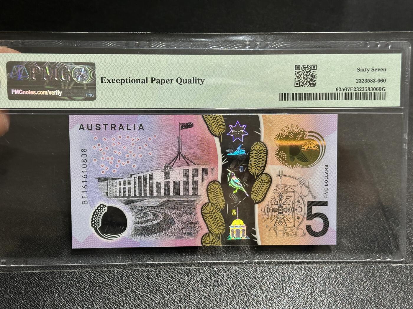 《外钞收藏家》第五百九十八期（2026年新年第一场）（本平台长期征集拍品、欢迎藏友们联系合作） 2016年澳大利亚5元 PMG67 倒置号尾808