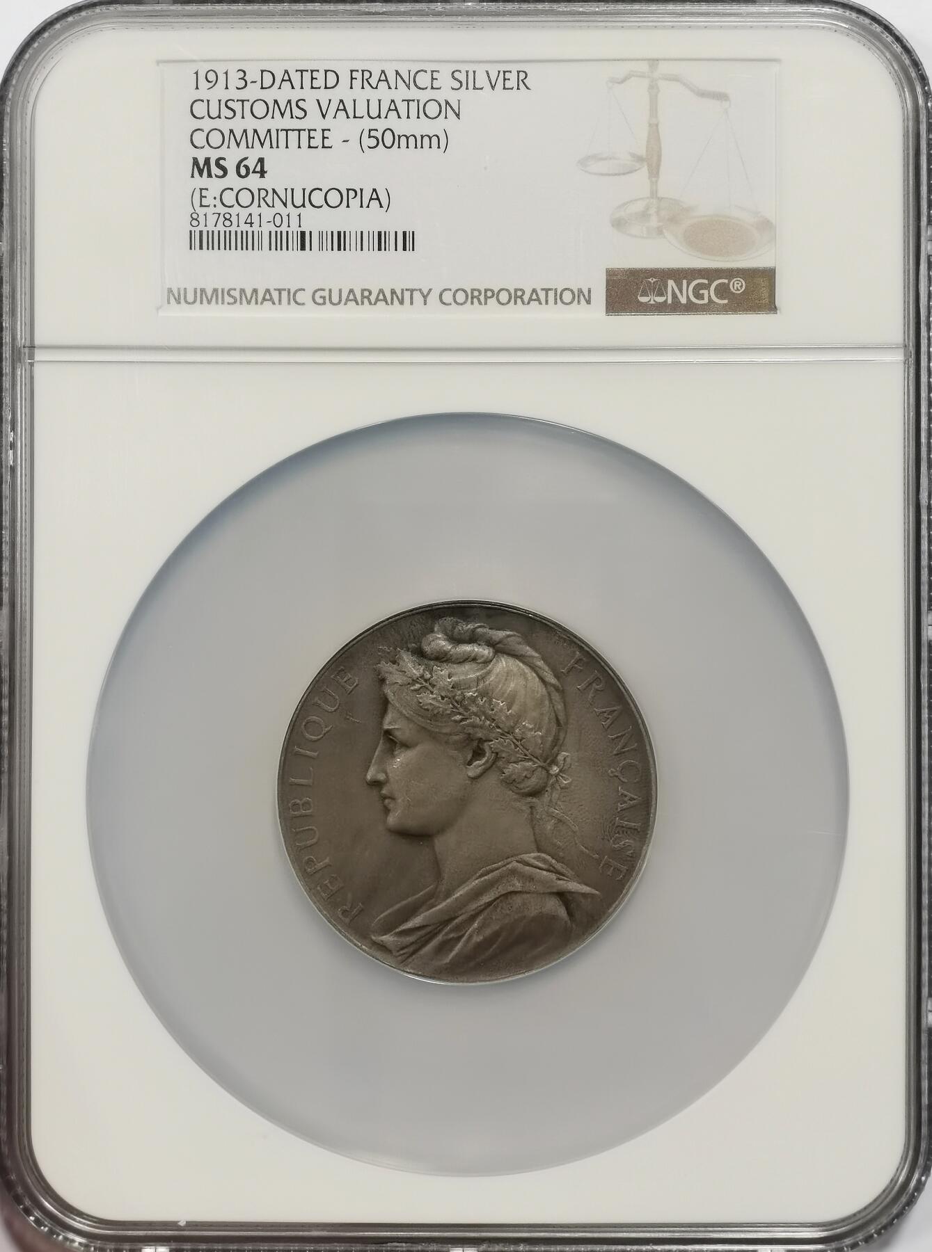 博洋堂“岁启嘉年”2026新年精品大拍专场暨第155期（全场包邮） NGC MS64 法国1913年价值委员会颁发50mm特大银章。64分算是大尺寸里面的超高分了！