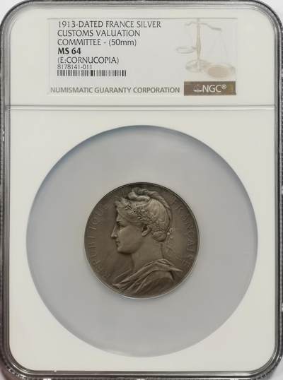 博洋堂“岁启嘉年”2026新年精品大拍专场暨第155期（全场包邮） - NGC MS64 法国1913年价值委员会颁发50mm特大银章。64分算是大尺寸里面的超高分了！