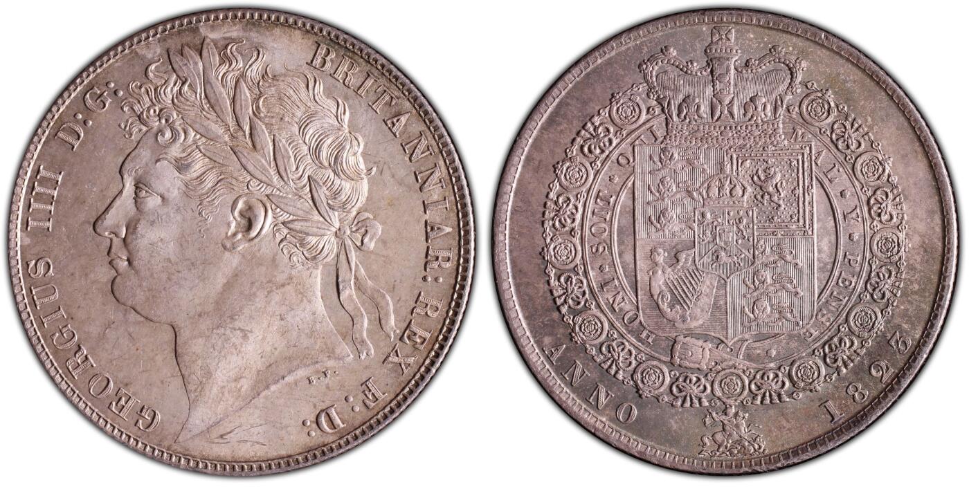 万国钱币拍卖第058期（万国新年大拍） PCGS MS64+ 1823年英国乔治四世嘉德纹章版半克朗银币 嘉德纹章版 乔四流通半克朗中难度最大的一款 PC亚军分 更高分仅一枚 优雅青灰包浆车轮转光 一步到位的典藏级品质