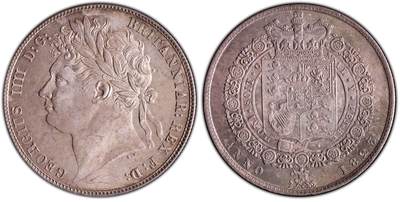 万国钱币拍卖第058期（万国新年大拍） - PCGS MS64+ 1823年英国乔治四世嘉德纹章版半克朗银币 嘉德纹章版 乔四流通半克朗中难度最大的一款 PC亚军分 更高分仅一枚 优雅青灰包浆车轮转光 一步到位的典藏级品质
