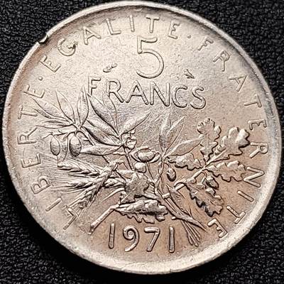 泉币菌-第158场-元旦欢乐场，开年第一场，新年快乐！（特修改截拍时间为23:30分） - 播种女神 法国5法郎硬币 直径29MM 1971年