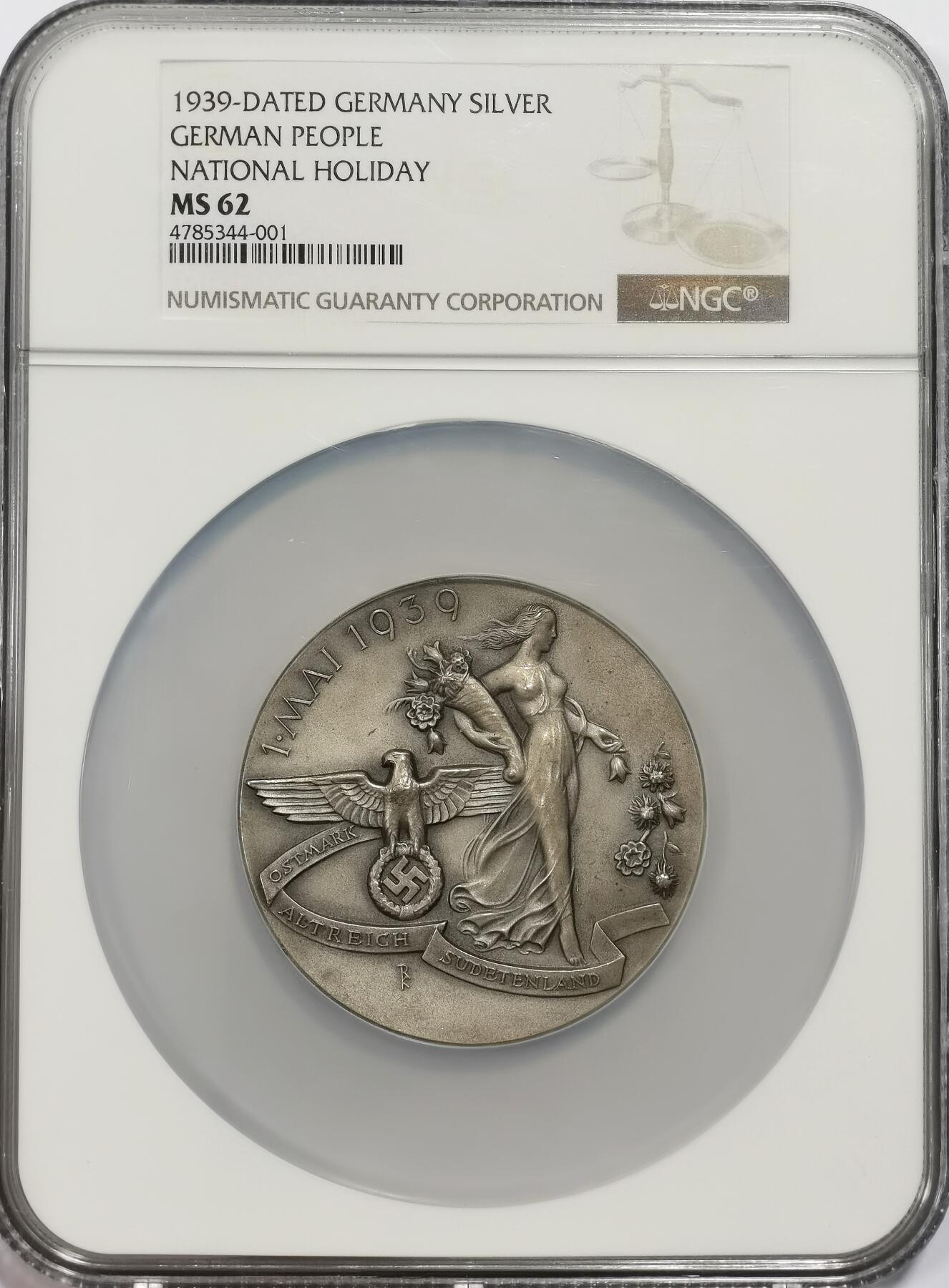 博洋堂“岁启嘉年”2026新年精品大拍专场暨第155期（全场包邮） NGC MS62 唯一冠军分！1939年德国五一劳动节纪念女神丰饶角经典大银章。60mm尺寸超高浮雕，细节极佳。慕尼黑造币厂出品，比同厂出的60大寿大银少很多的品种！