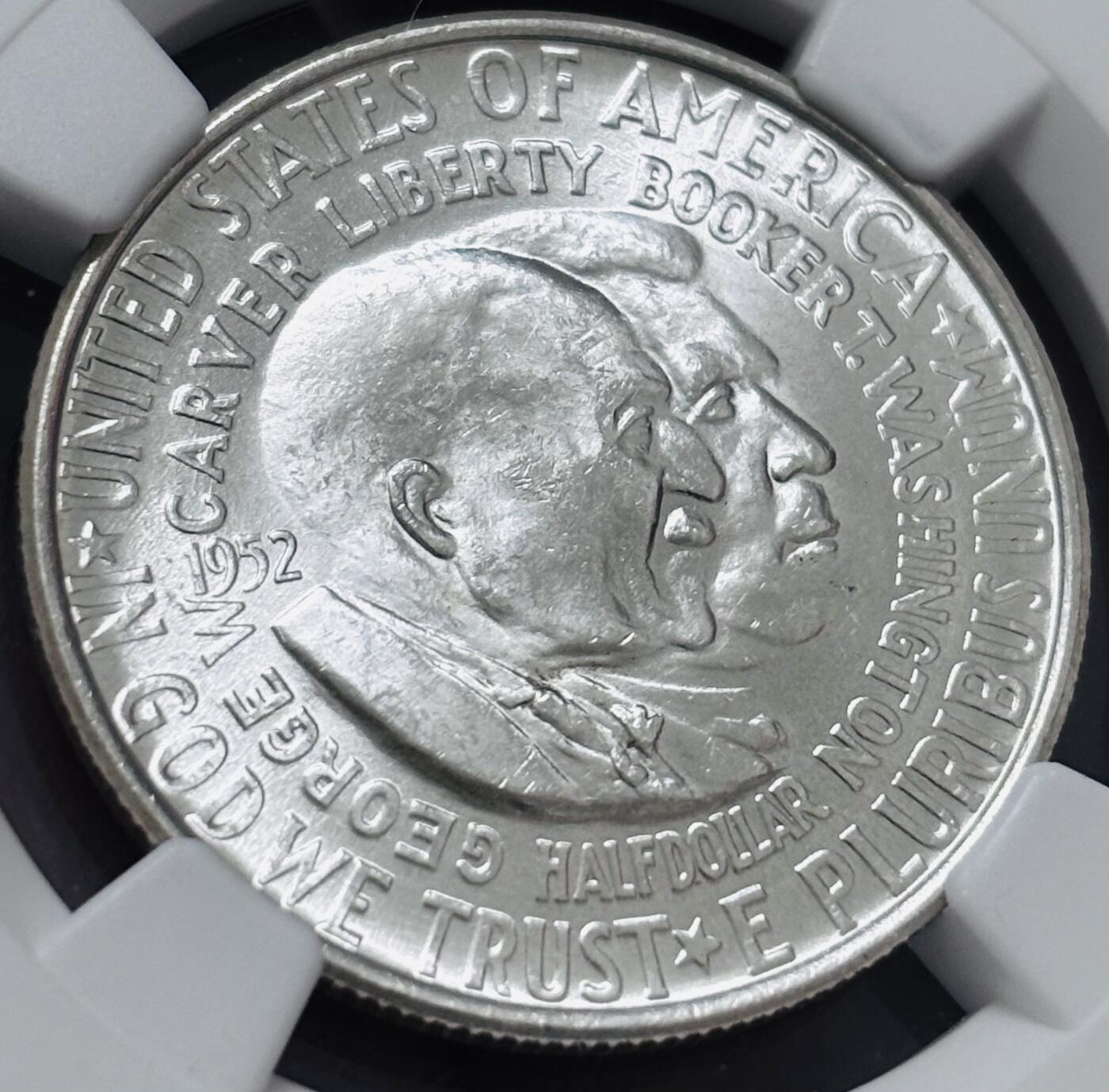 文馨钱币收藏 迎新纳福2026新年第一场（第 287 场）金银老铜币拍卖 NGC 评级 MS63 分，美国1953年50分地图纪念银币 布克·华盛顿和乔治·卡佛 ，车轮转光，详情看图