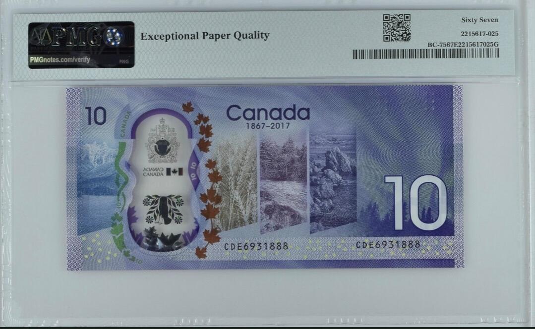 【礼羽收藏】🌏世界钱币拍卖第118期 【CDE6931888】2017年加拿大10面值塑料纪念钞 无47号码PMG67