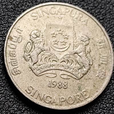 泉币菌-第157场-跨年欢乐场（特修改截拍时间为23:30分） - 1988年 高币值 新加坡20分 绒球花 高盾徽版 直径21.36mm