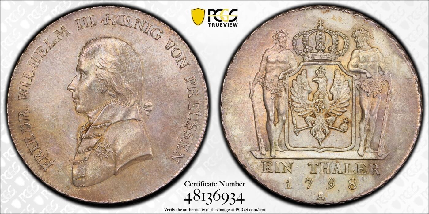 万国钱币拍卖第058期（万国新年大拍） PCGS MS64 1798年德国普鲁士威廉三世野人护盾流通大泰勒 普鲁士名品之一 均匀德式五彩 打制周正  威三胸前勋章以及野人重点部位的高点极其出色 一步到位的典藏级品质 PCGS冠军分