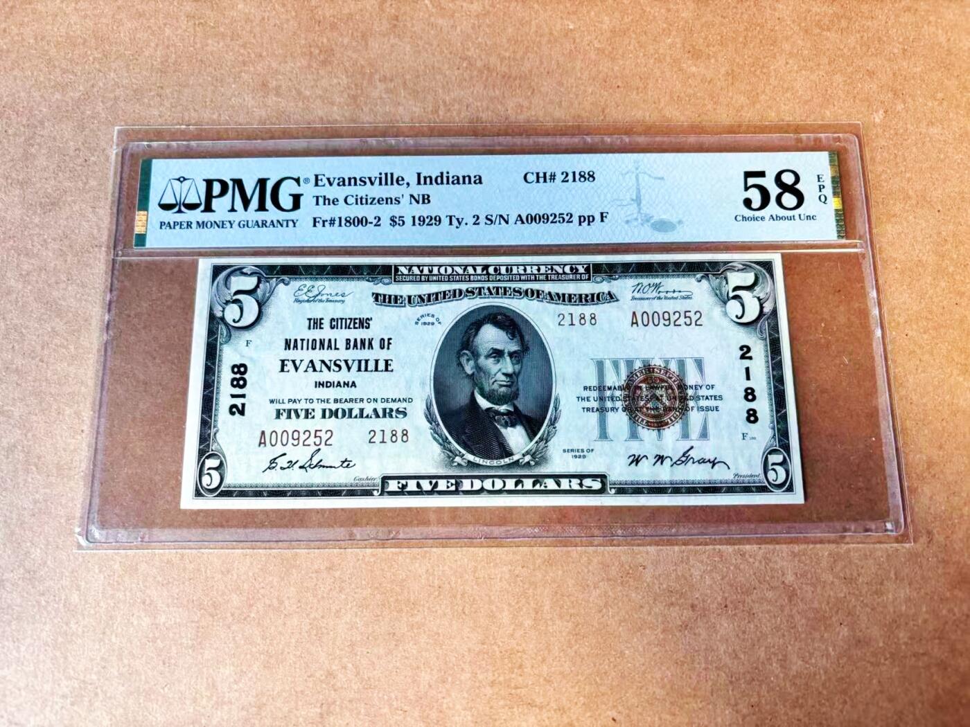 【Blue Auction】世界纸币精拍第770期——18级TOP拍卖/信誉/品质/专业/高效💫 【A冠千位小号无47】美国 印第安纳州 1929年5美金 PMG58EPQ 