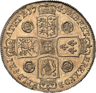 万国钱币拍卖第058期（万国新年大拍） NGC MS62 1741英国乔治二世玫瑰克朗 英国克朗系列中的大名誉品种 早期青年版头像 来自十八世纪中期的巅峰工艺 深峻的打制让你不会错过任何一个高点细节 玫瑰与纹章的设计在双面香槟金彩的加持下尽显雍容 不同错过的顶级收藏品质