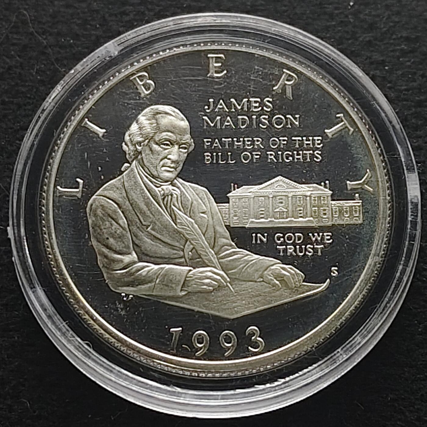 【全场包邮】纯粹捡漏拍491场（免费代拍第28场） 美国1993年半元麦迪逊和权利法案精制（30.61毫米12.5克）纪念银币