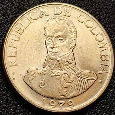 泉币菌-第158场-元旦欢乐场，开年第一场，新年快乐！（特修改截拍时间为23:30分） - 原铜光极美 哥伦比亚硬币1979年 1比索铜镍币 西蒙·玻利瓦尔 25MM