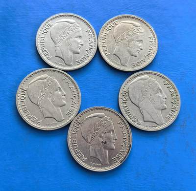 外国优质老铜币高银银币，周六九点倒数截拍，满百包邮，持续收拍 - 法国自由女神10法郎5个